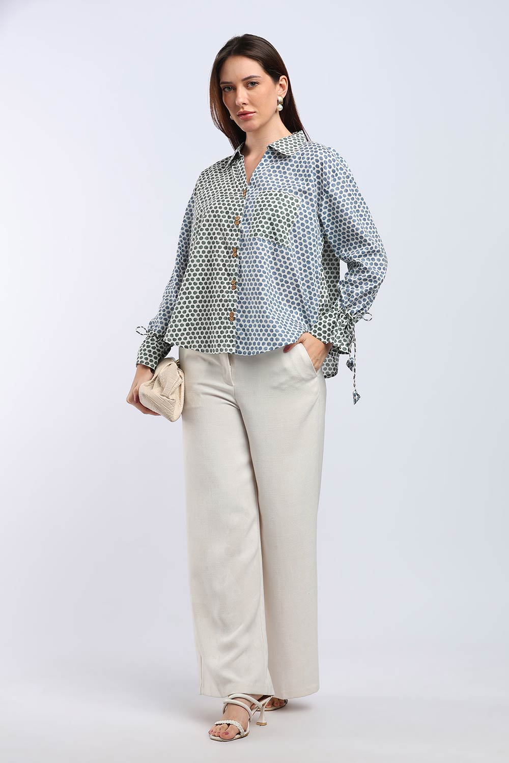 Mythri Women's Cotton Shirt Top | V-Slit Collar Full Sleeve Top with Tie-Up Tassels & Patch Pockets | Casual Office & Daily Wear - TO44
