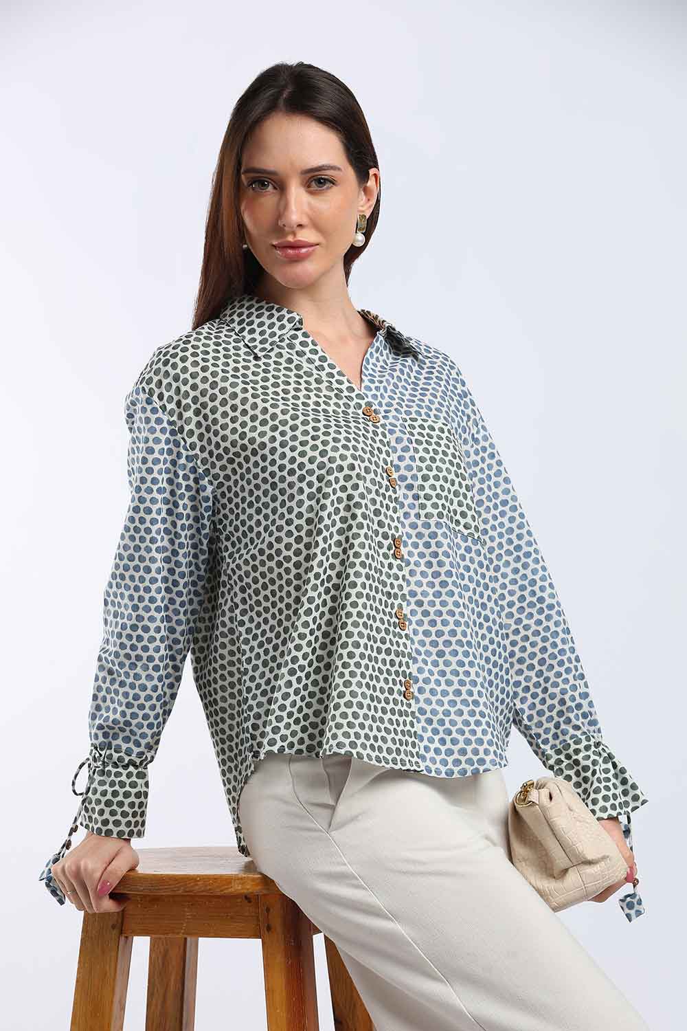 Mythri Women's Cotton Shirt Top | V-Slit Collar Full Sleeve Top with Tie-Up Tassels & Patch Pockets | Casual Office & Daily Wear - TO44