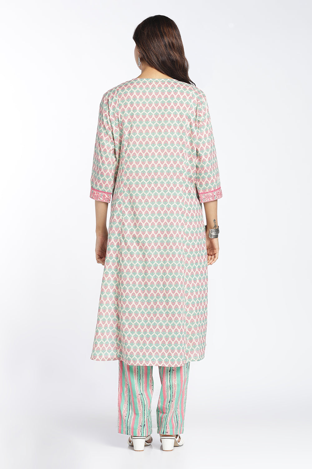 Mythri Women's Cotton A-Line Kurti Set | Printed Kurta Pant Set with Round Notch Neck & 3/4 Sleeves | Regular Fit Ethnic Wear | Festive & Occasion Wear - KP805