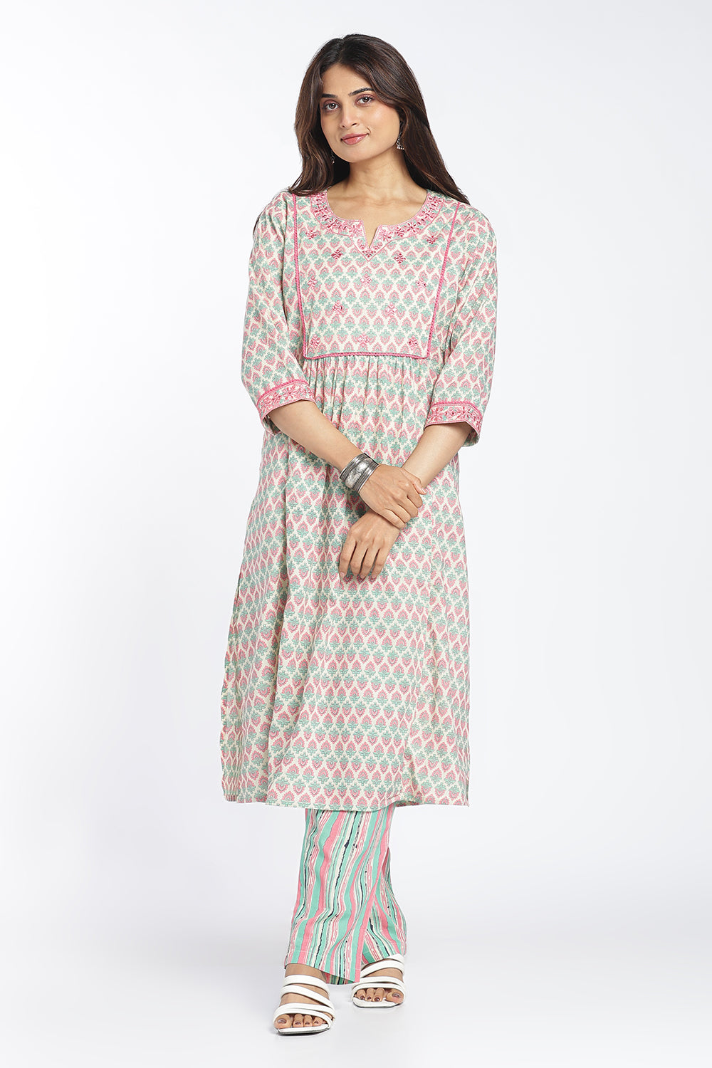 Mythri Women's Cotton A-Line Kurti Set | Printed Kurta Pant Set with Round Notch Neck & 3/4 Sleeves | Regular Fit Ethnic Wear | Festive & Occasion Wear - KP805