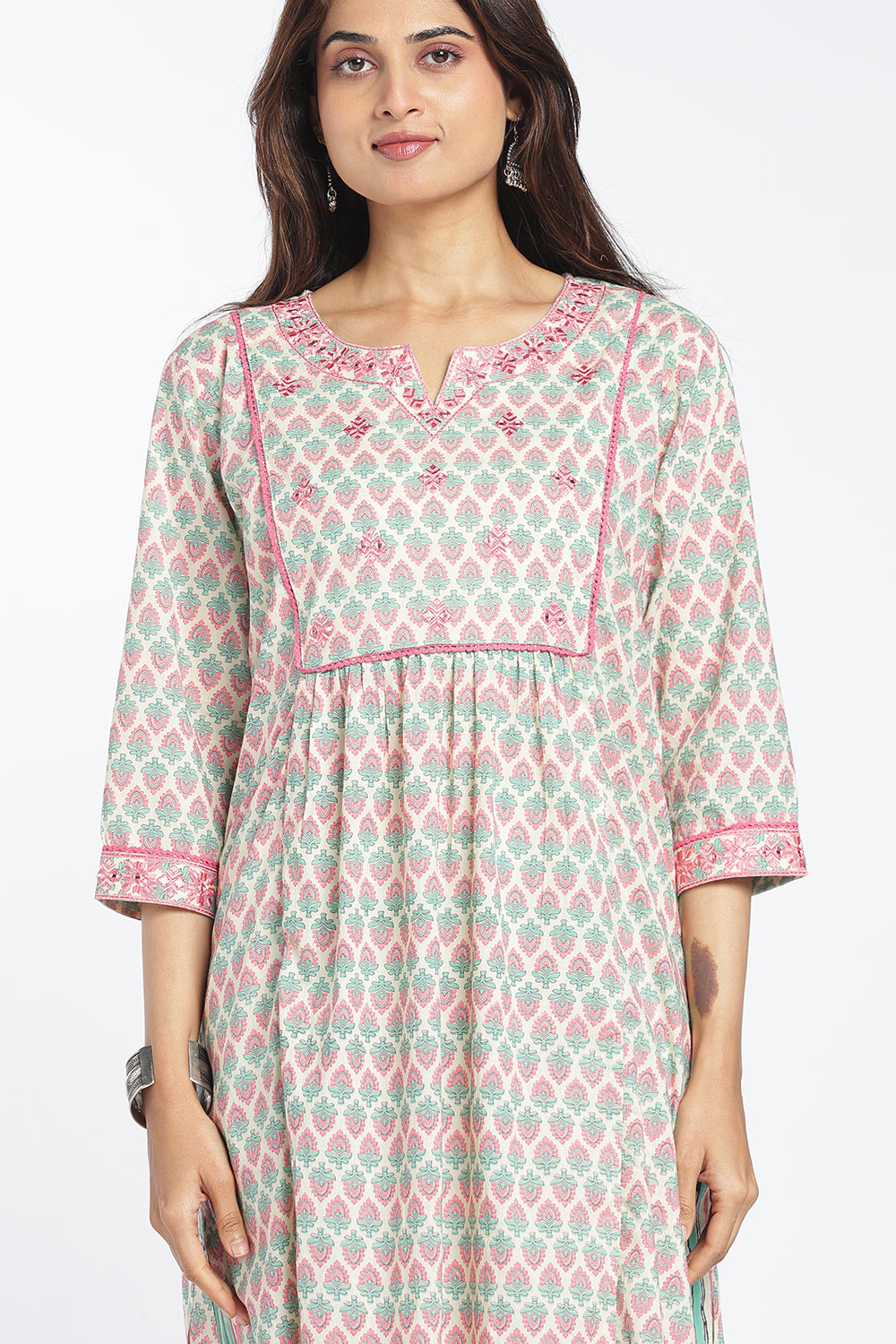 Mythri Women's Cotton A-Line Kurti Set | Printed Kurta Pant Set with Round Notch Neck & 3/4 Sleeves | Regular Fit Ethnic Wear | Festive & Occasion Wear - KP805
