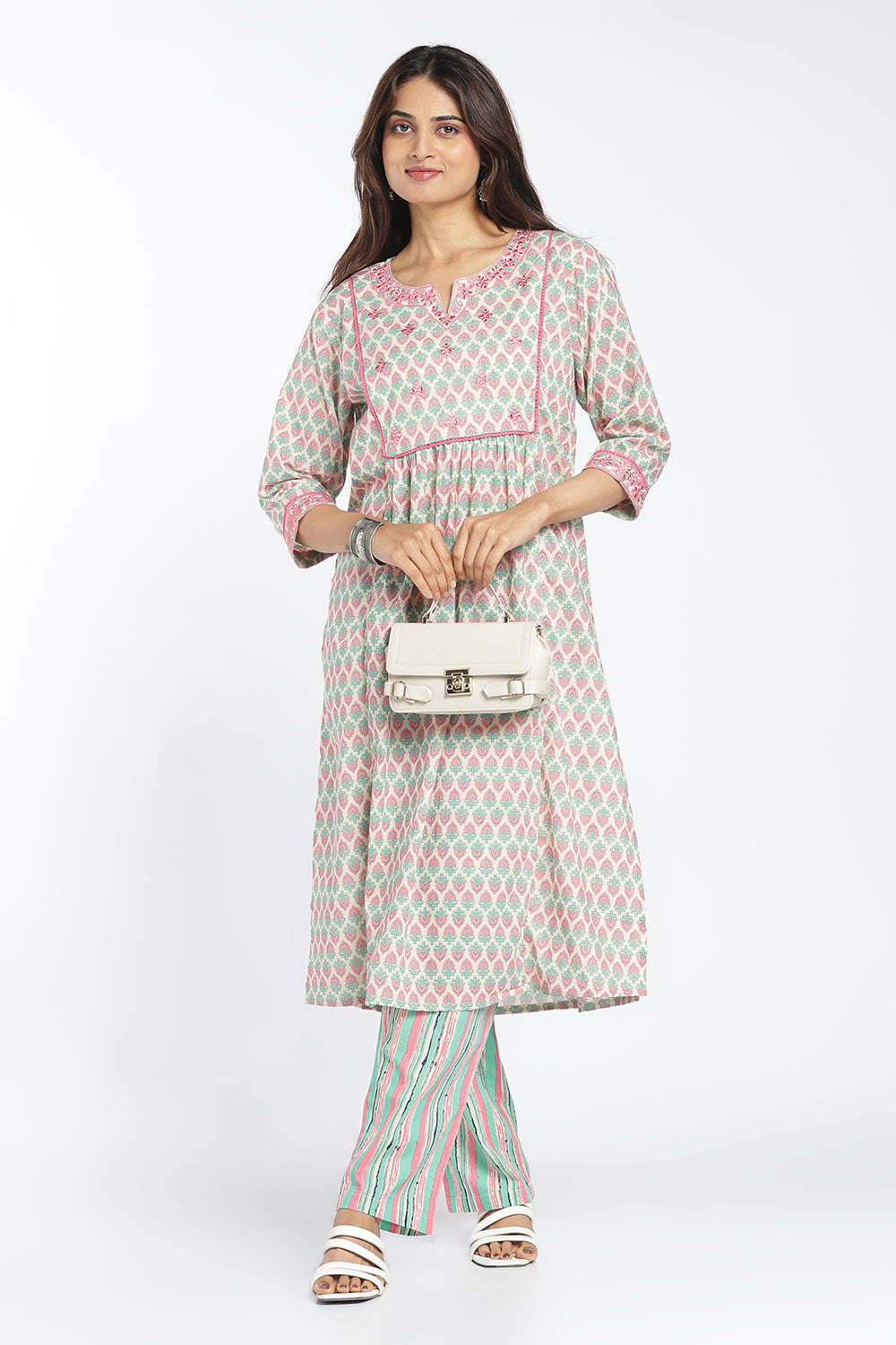 Mythri Women's Cotton A-Line Kurti Set | Printed Kurta Pant Set with Round Notch Neck & 3/4 Sleeves | Regular Fit Ethnic Wear | Festive & Occasion Wear - KP805
