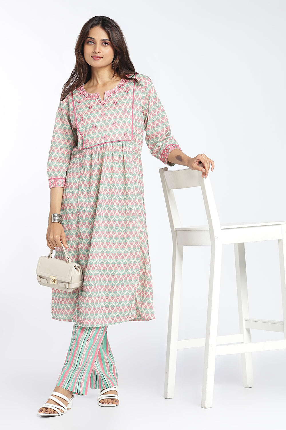 Mythri Women's Cotton A-Line Kurti Set | Printed Kurta Pant Set with Round Notch Neck & 3/4 Sleeves | Regular Fit Ethnic Wear | Festive & Occasion Wear - KP805