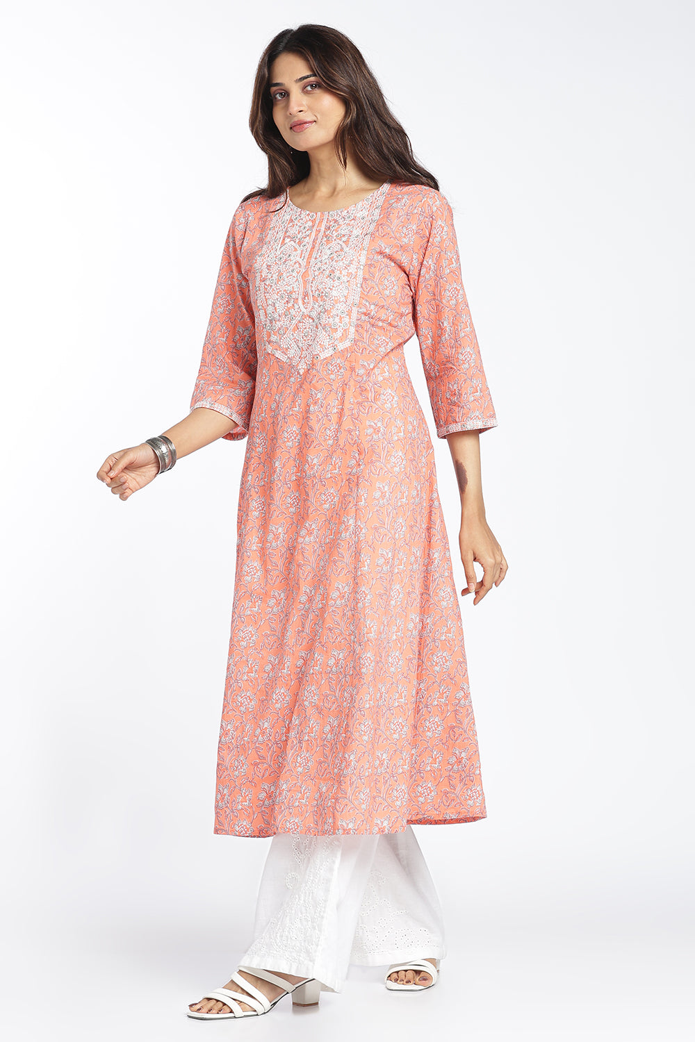 Mythri Women's Cotton Embroidered Kurti Set | Printed Ethnic Kurta Pant Set for Women | Flared Kurti with Matching Bottom | Festive, Office & Occasion Wear - FLK807