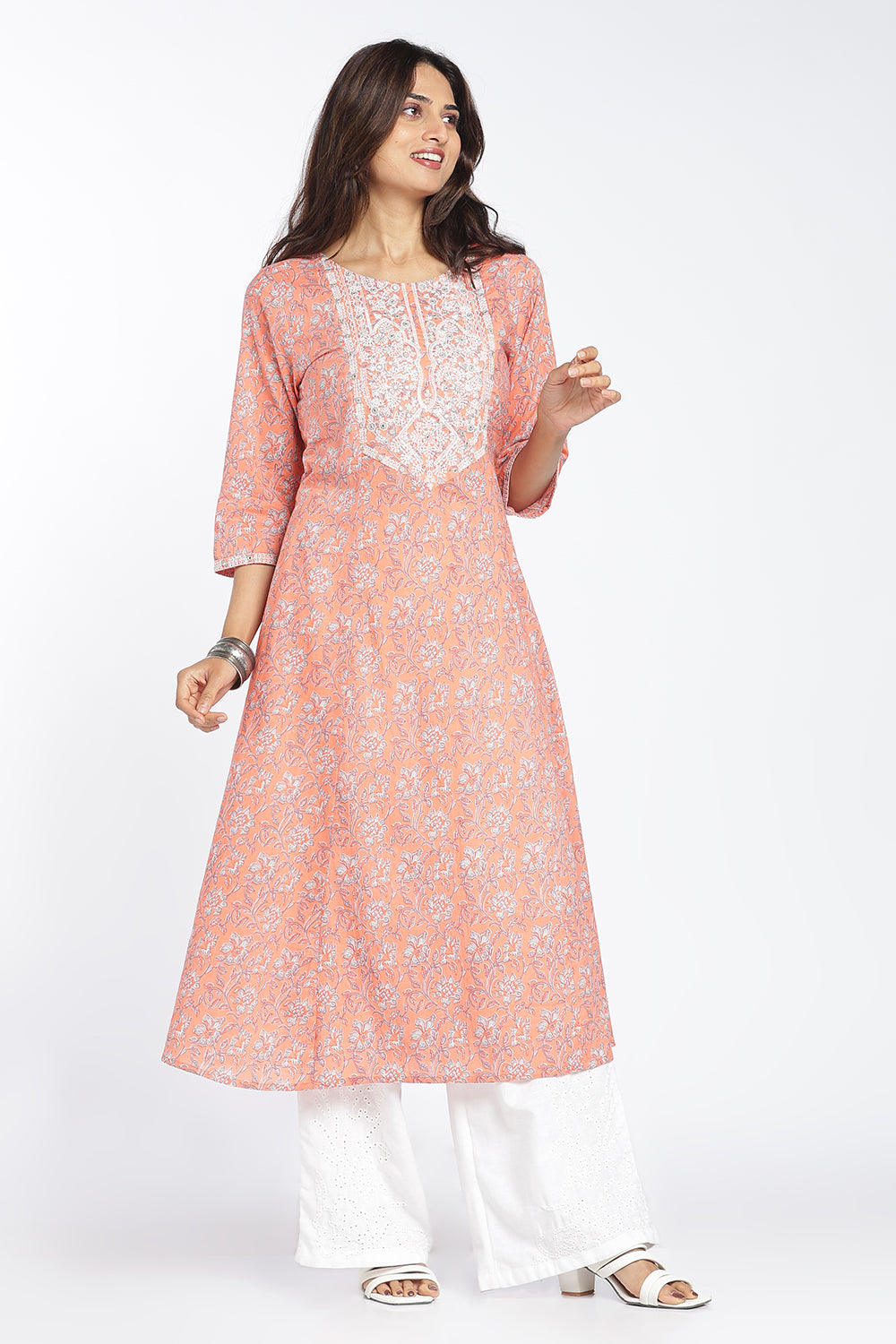 Mythri Women's Cotton Embroidered Kurti Set | Printed Ethnic Kurta Pant Set for Women | Flared Kurti with Matching Bottom | Festive, Office & Occasion Wear - FLK807