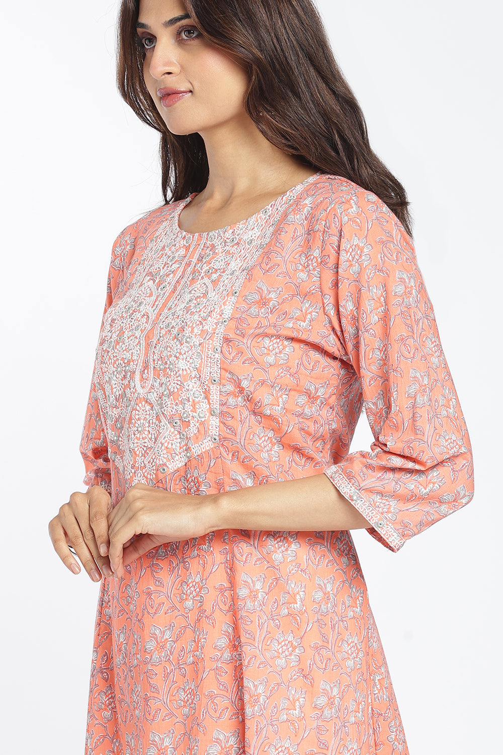 Mythri Women's Cotton Embroidered Kurti Set | Printed Ethnic Kurta Pant Set for Women | Flared Kurti with Matching Bottom | Festive, Office & Occasion Wear - FLK807