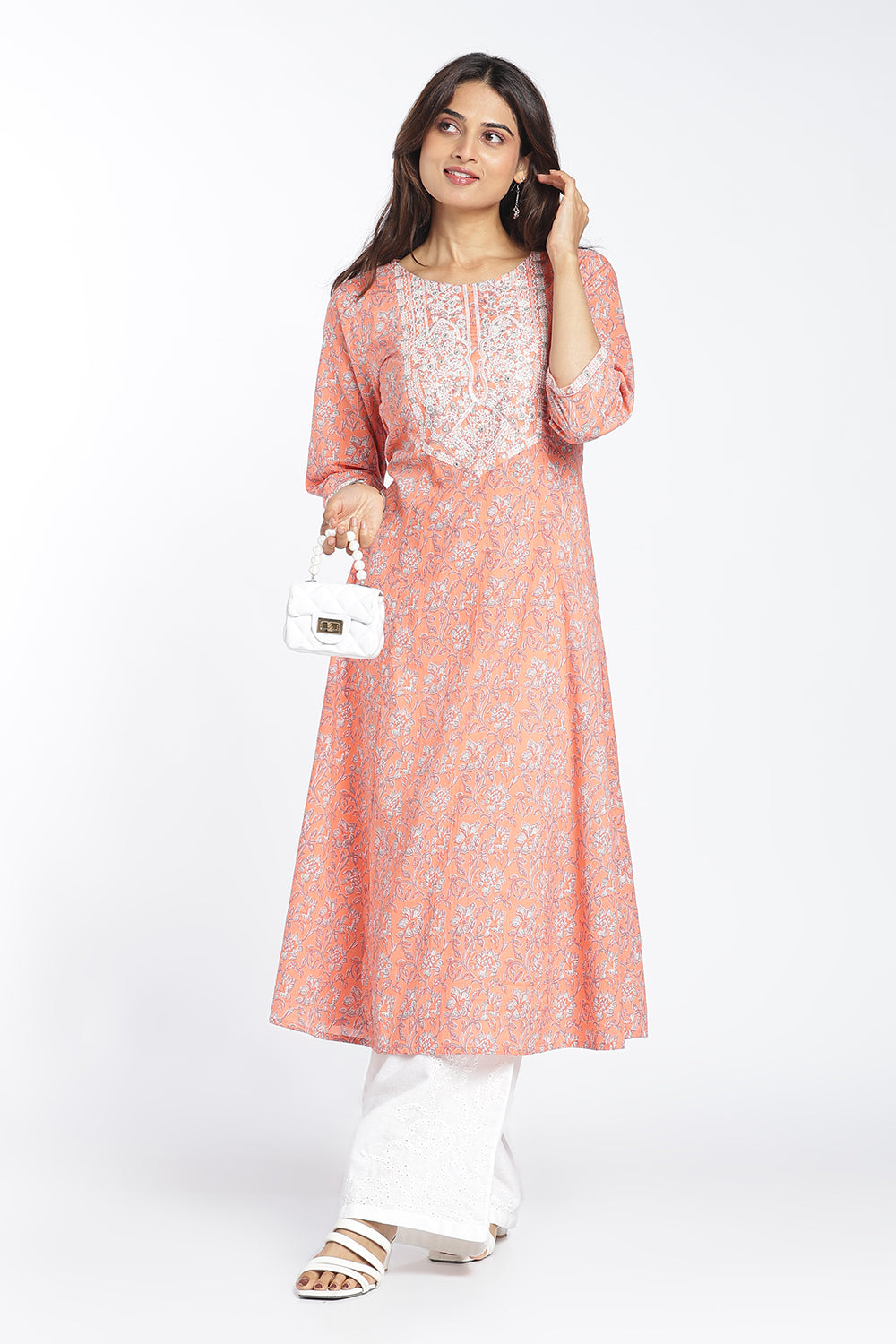 Mythri Women's Cotton Embroidered Kurti Set | Printed Ethnic Kurta Pant Set for Women | Flared Kurti with Matching Bottom | Festive, Office & Occasion Wear - FLK807