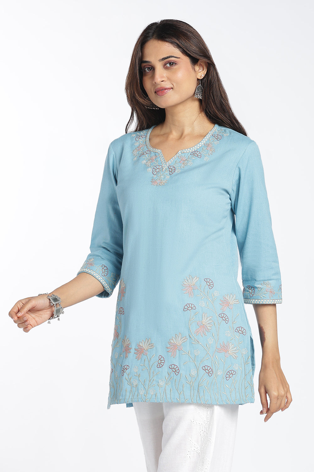 Mythri Women's Cotton Flax Embroidered Top | Floral Embroidery Regular Fit Top for Women | Casual, Office & Everyday Wear - 1446
