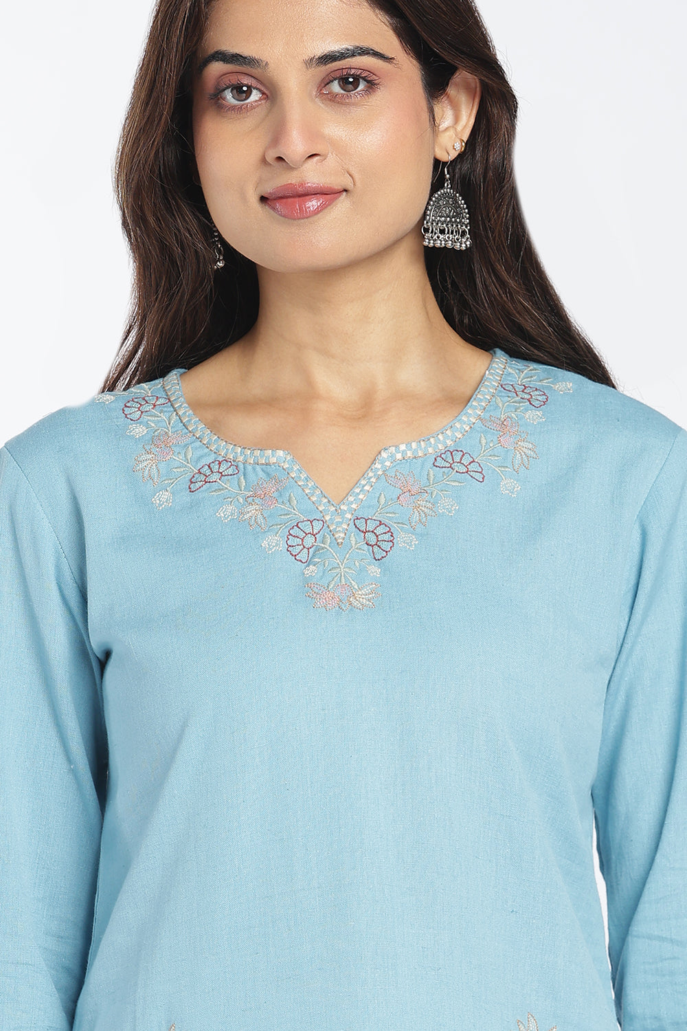 Mythri Women's Cotton Flax Embroidered Top | Floral Embroidery Regular Fit Top for Women | Casual, Office & Everyday Wear - 1446