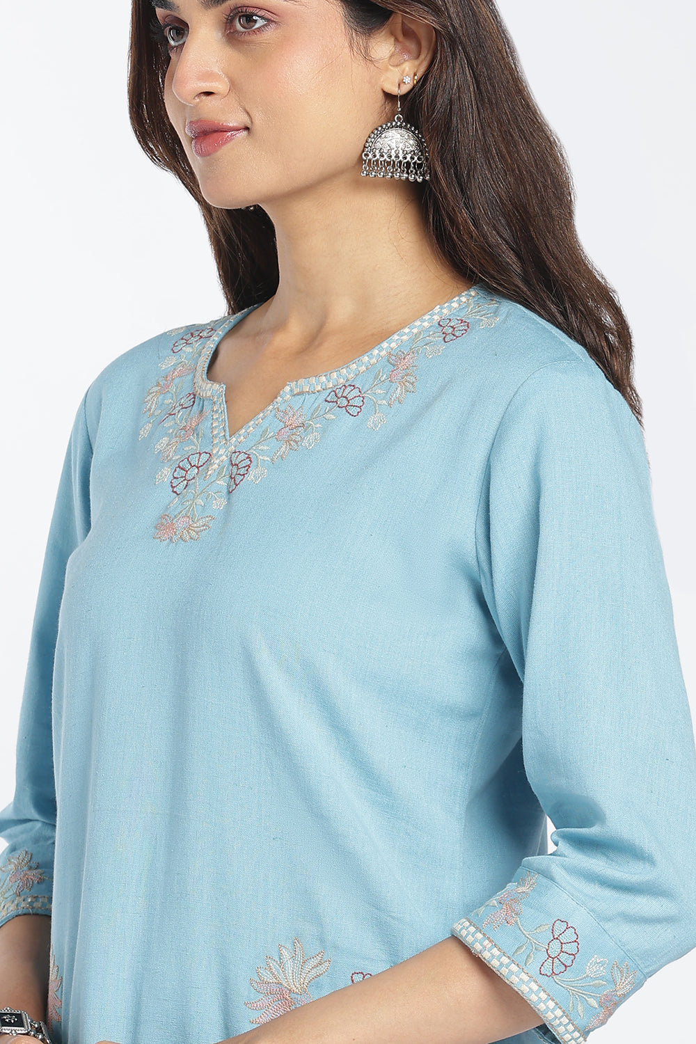 Mythri Women's Cotton Flax Embroidered Top | Floral Embroidery Regular Fit Top for Women | Casual, Office & Everyday Wear - 1446