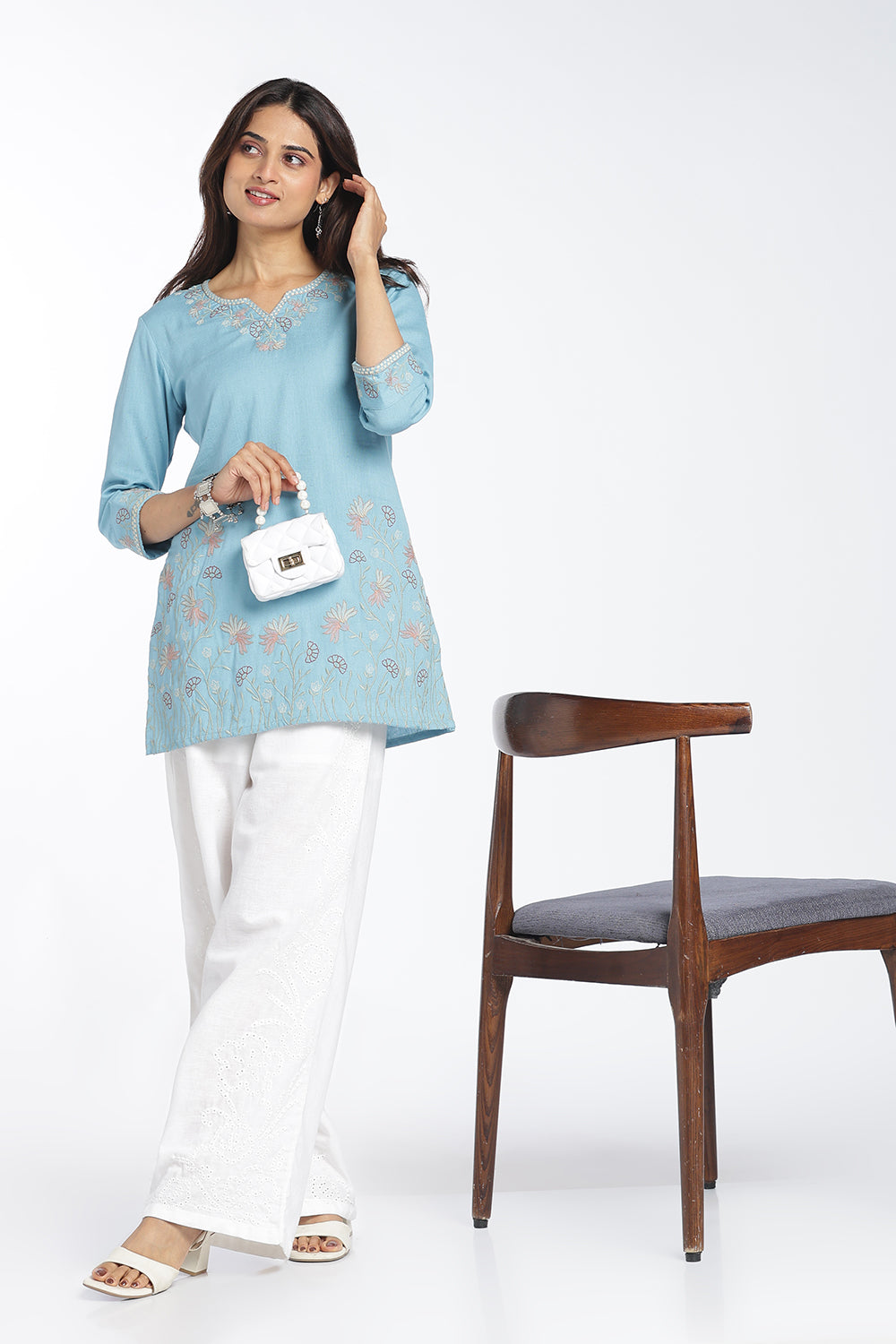 Mythri Women's Cotton Flax Embroidered Top | Floral Embroidery Regular Fit Top for Women | Casual, Office & Everyday Wear - 1446