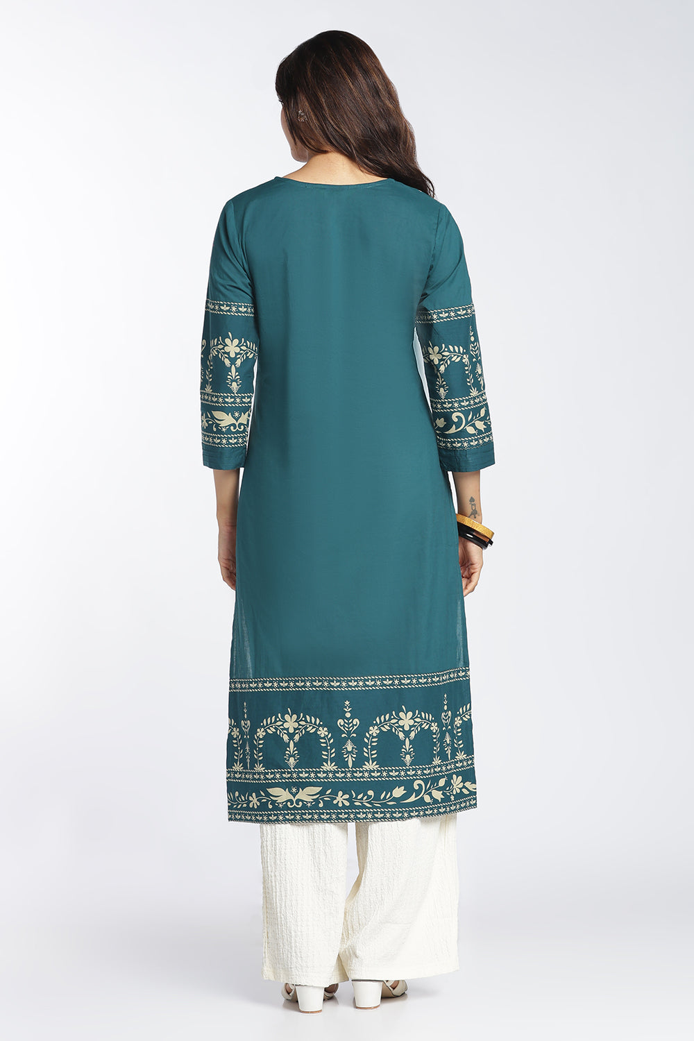 Mythri Women's Cotton Printed Kurti | V-Neck Mirror Embellished Kurti for Women | Regular Fit Casual, Office & Everyday Ethnic Wear - 1413