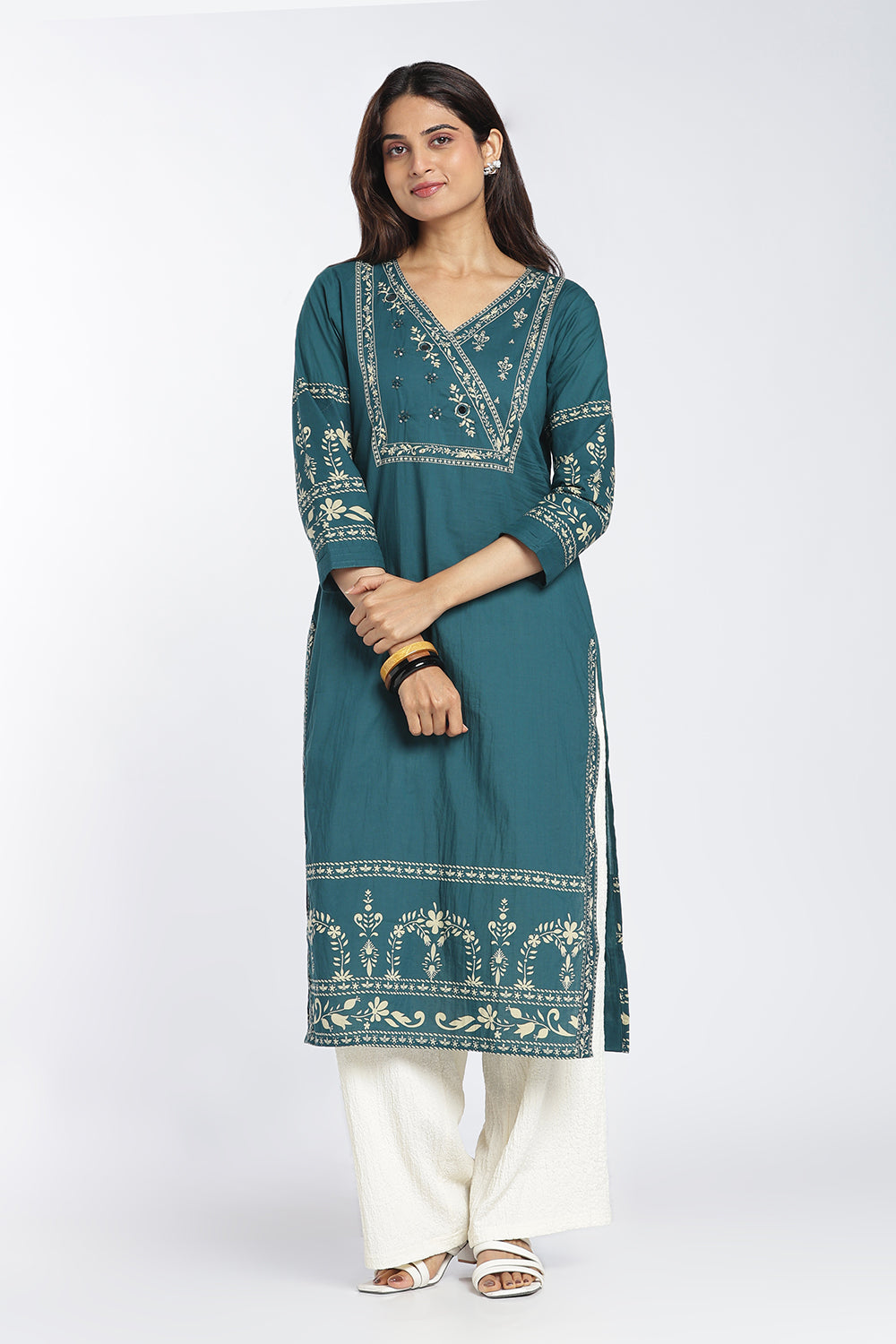 Mythri Women's Cotton Printed Kurti | V-Neck Mirror Embellished Kurti for Women | Regular Fit Casual, Office & Everyday Ethnic Wear - 1413