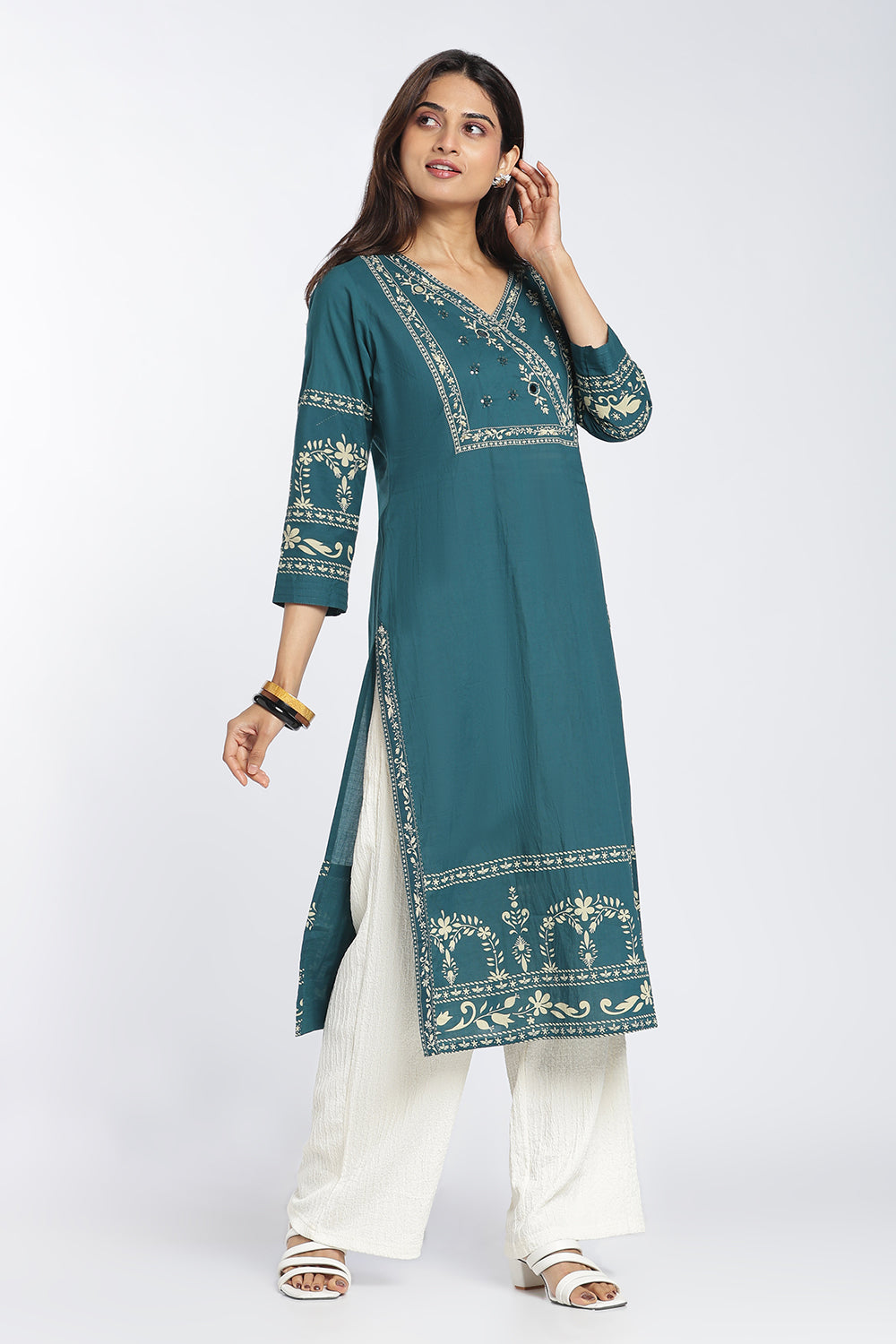 Mythri Women's Cotton Printed Kurti | V-Neck Mirror Embellished Kurti for Women | Regular Fit Casual, Office & Everyday Ethnic Wear - 1413