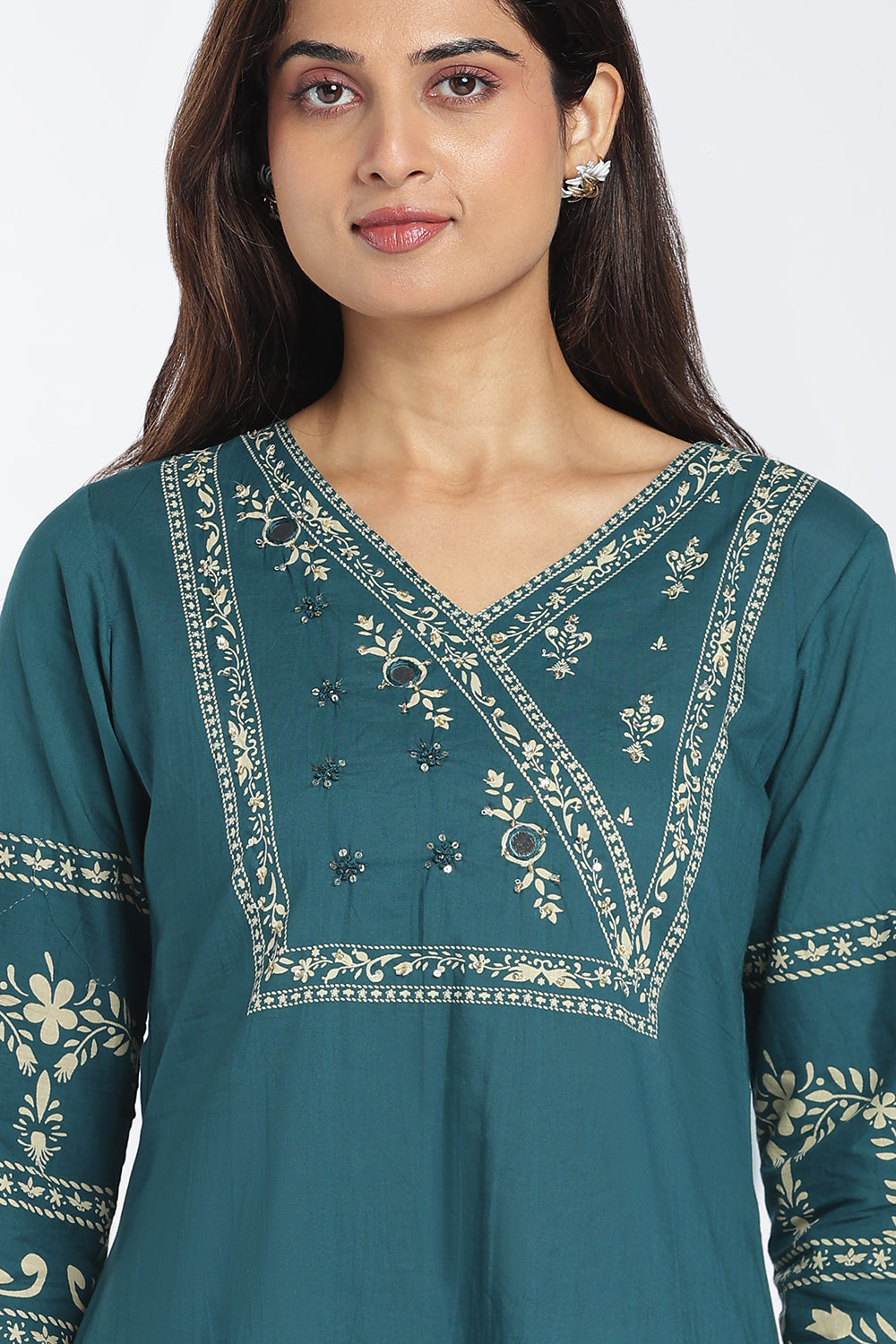 Mythri Women's Cotton Printed Kurti | V-Neck Mirror Embellished Kurti for Women | Regular Fit Casual, Office & Everyday Ethnic Wear - 1413