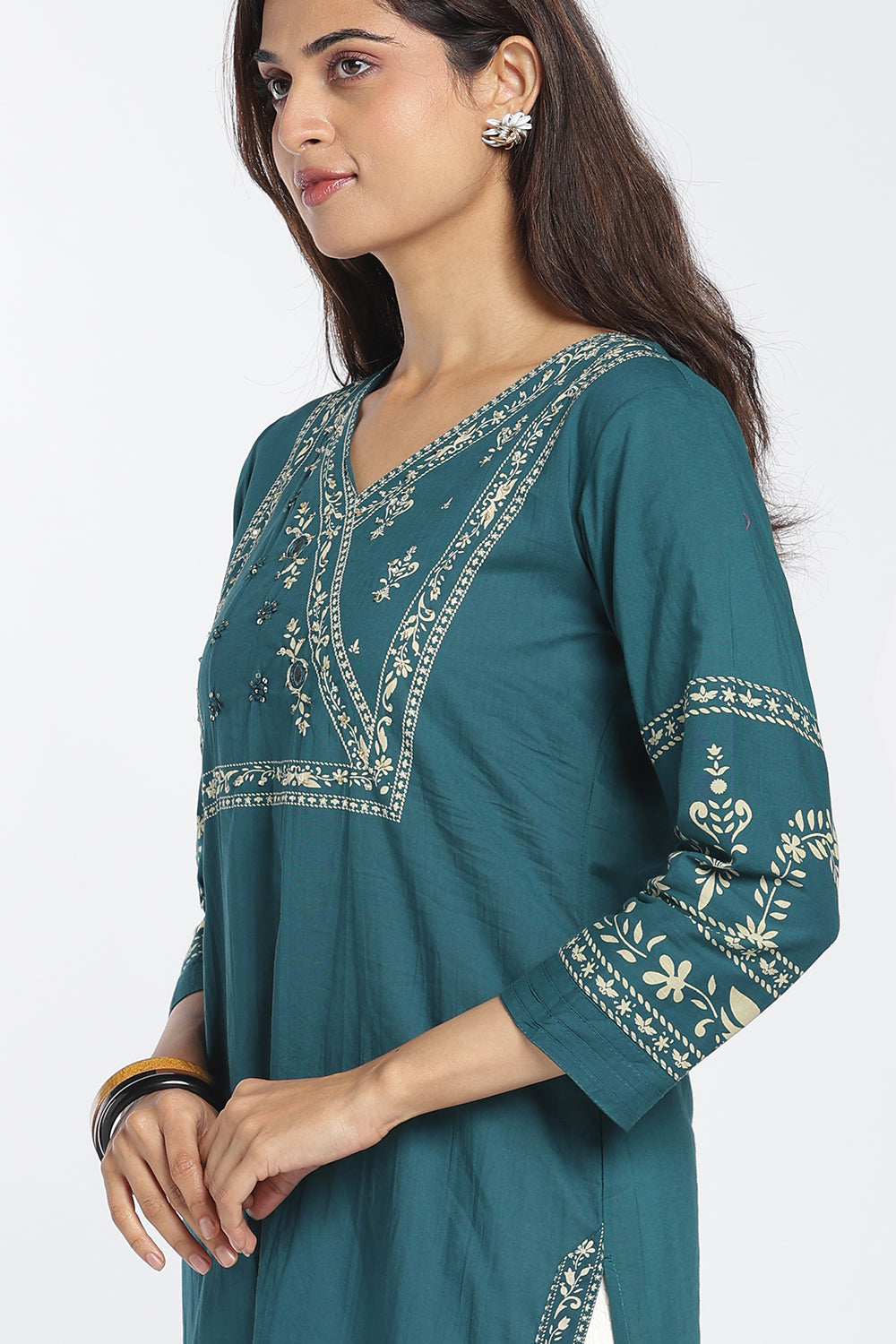 Mythri Women's Cotton Printed Kurti | V-Neck Mirror Embellished Kurti for Women | Regular Fit Casual, Office & Everyday Ethnic Wear - 1413