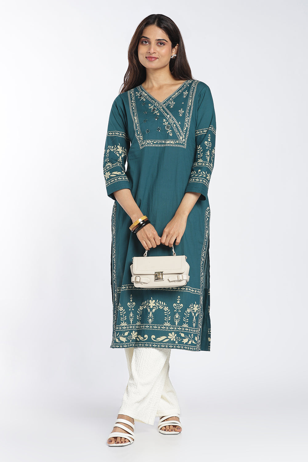 Mythri Women's Cotton Printed Kurti | V-Neck Mirror Embellished Kurti for Women | Regular Fit Casual, Office & Everyday Ethnic Wear - 1413