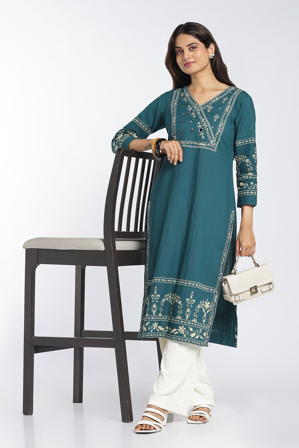 Mythri Women's Cotton Printed Kurti | V-Neck Mirror Embellished Kurti for Women | Regular Fit Casual, Office & Everyday Ethnic Wear - 1413