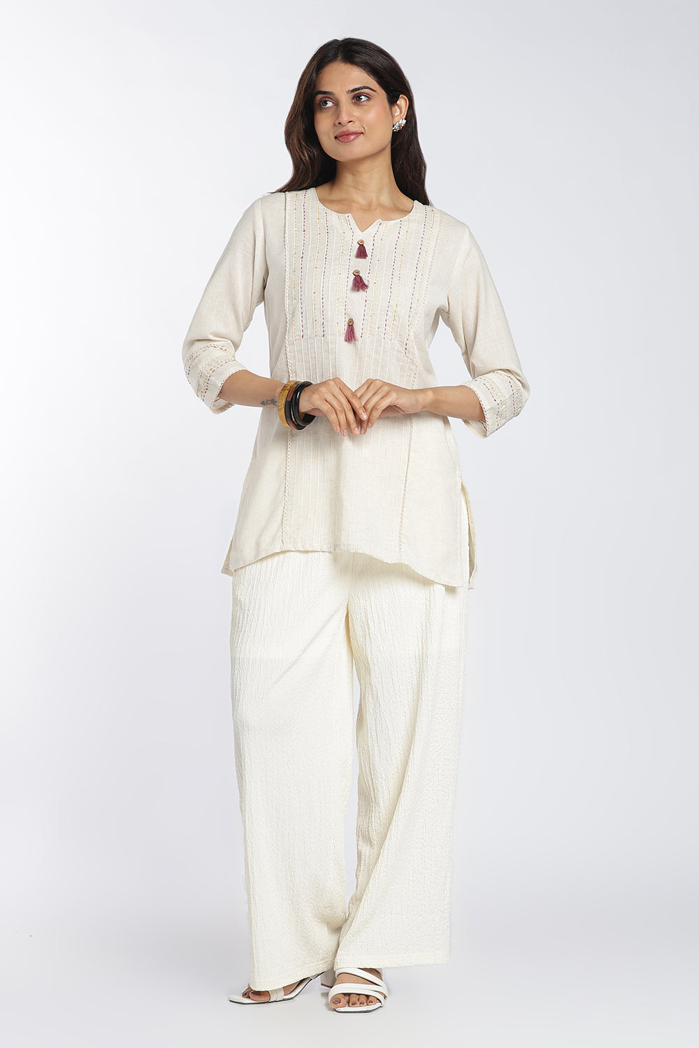Mythri Women's Cotton Flax Top | Mandarin V-Neck Kantha Stitch Top with Tassel Details | Regular Fit Casual & Office Wear - 1458