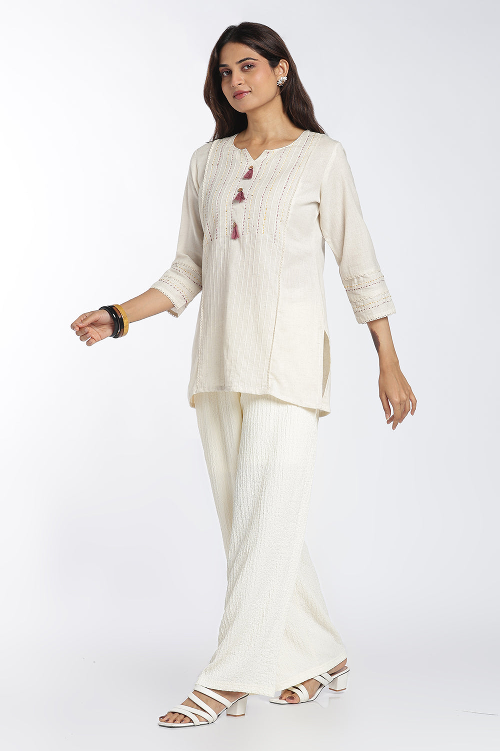 Mythri Women's Cotton Flax Top | Mandarin V-Neck Kantha Stitch Top with Tassel Details | Regular Fit Casual & Office Wear - 1458