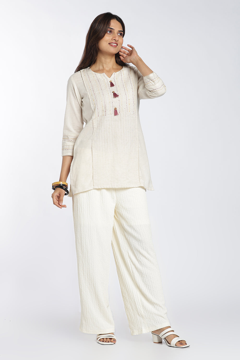 Mythri Women's Cotton Flax Top | Mandarin V-Neck Kantha Stitch Top with Tassel Details | Regular Fit Casual & Office Wear - 1458
