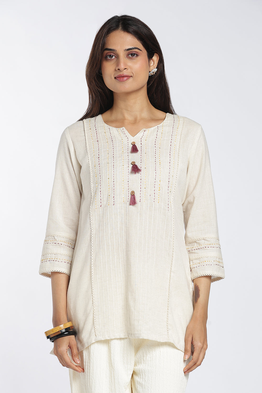 Mythri Women's Cotton Flax Top | Mandarin V-Neck Kantha Stitch Top with Tassel Details | Regular Fit Casual & Office Wear - 1458