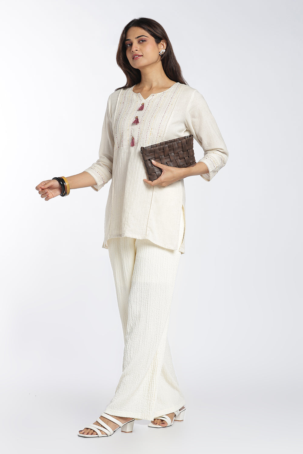 Mythri Women's Cotton Flax Top | Mandarin V-Neck Kantha Stitch Top with Tassel Details | Regular Fit Casual & Office Wear - 1458