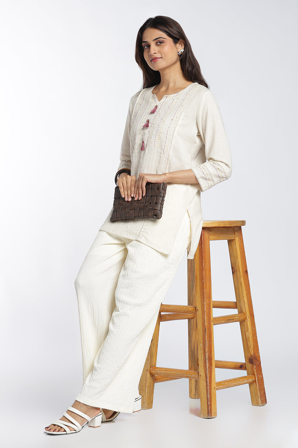 Mythri Women's Cotton Flax Top | Mandarin V-Neck Kantha Stitch Top with Tassel Details | Regular Fit Casual & Office Wear - 1458