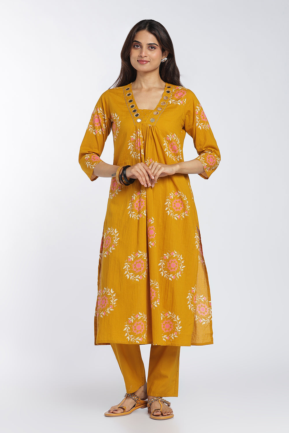 Mythri Women’s Printed Cotton Co-ord Set | 3/4 Sleeve Kurti and Pant Set for Women | Regular Fit Everyday Ethnic Wear - 1399