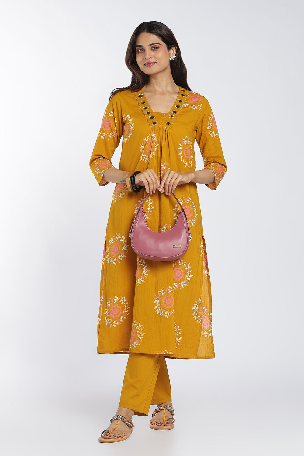 Mythri Women’s Printed Cotton Co-ord Set | 3/4 Sleeve Kurti and Pant Set for Women | Regular Fit Everyday Ethnic Wear - 1399