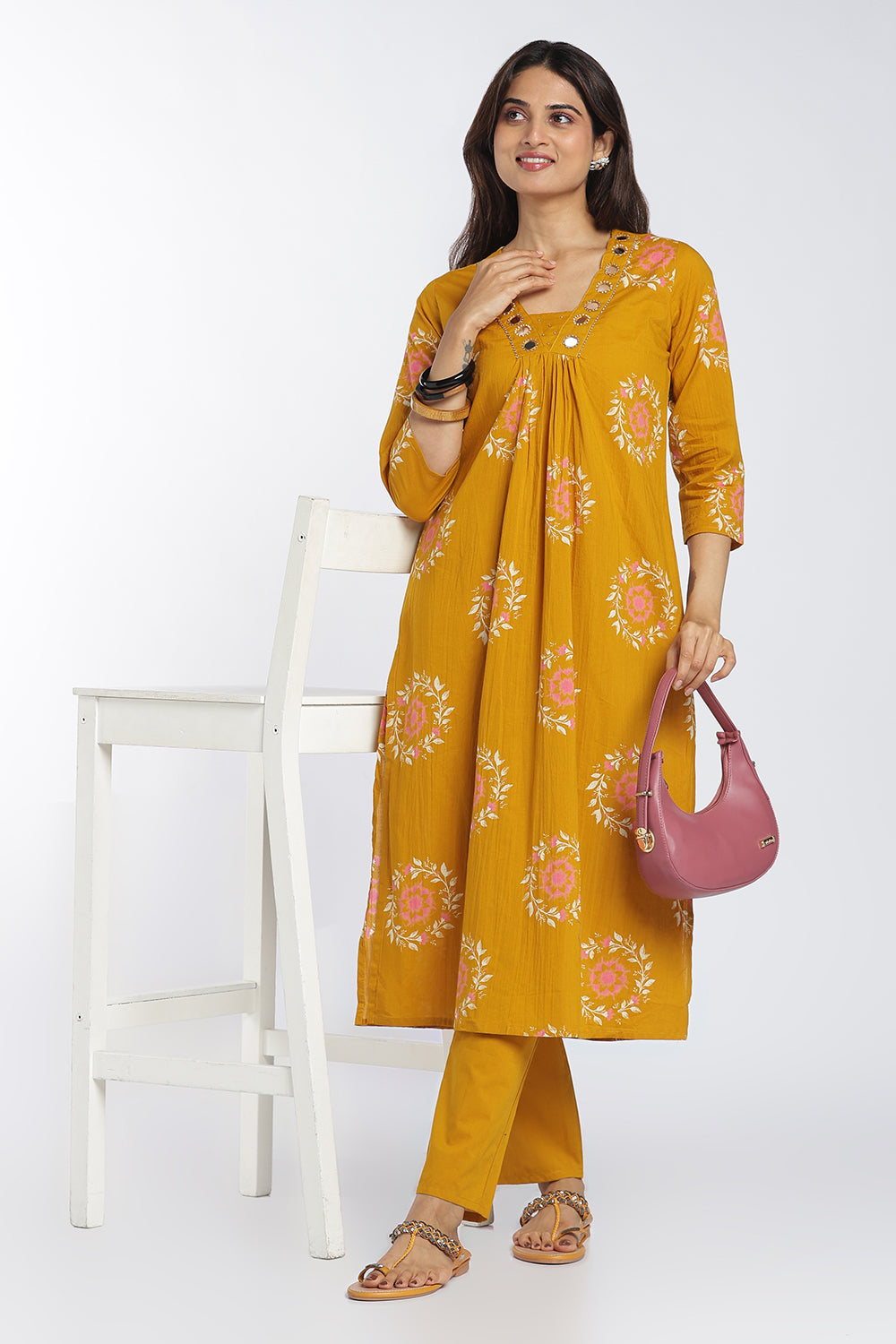 Mythri Women’s Printed Cotton Co-ord Set | 3/4 Sleeve Kurti and Pant Set for Women | Regular Fit Everyday Ethnic Wear - 1399