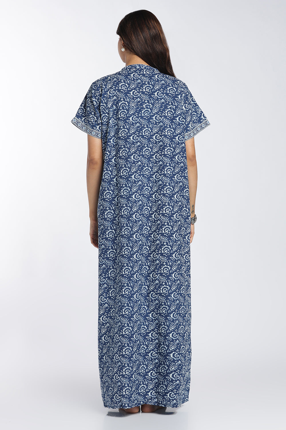 Naidu Hall Women’s Printed Cotton Nighty | Full-Length Ethnic Print V-Neck Night Dress with Contrast Yoke | Daily Wear, Sleepwear & Loungewear
 - NB55