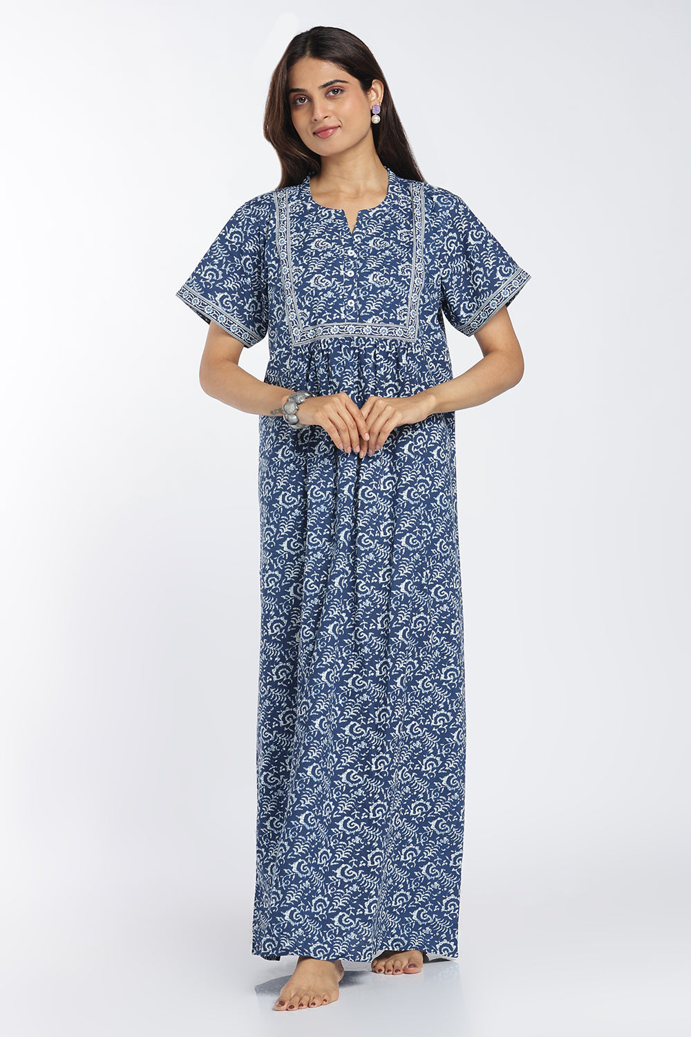 Naidu Hall Women’s Printed Cotton Nighty | Full-Length Ethnic Print V-Neck Night Dress with Contrast Yoke | Daily Wear, Sleepwear & Loungewear
 - NB55