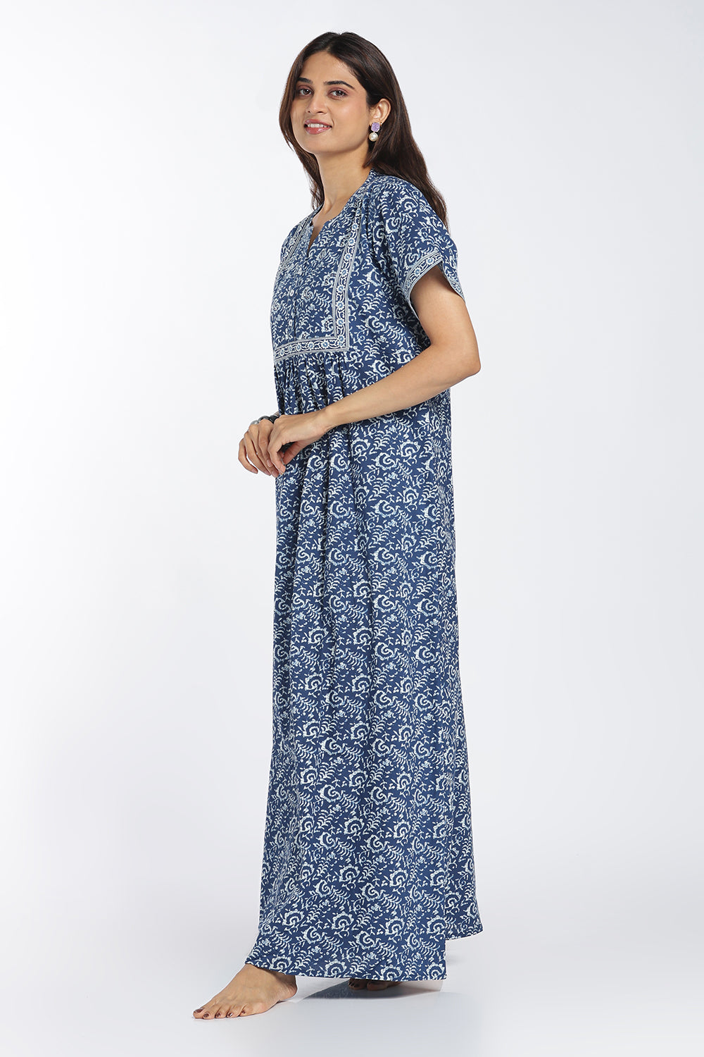 Naidu Hall Women’s Printed Cotton Nighty | Full-Length Ethnic Print V-Neck Night Dress with Contrast Yoke | Daily Wear, Sleepwear & Loungewear
 - NB55