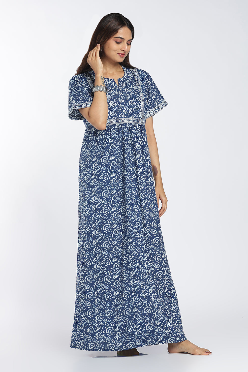Naidu Hall Women’s Printed Cotton Nighty | Full-Length Ethnic Print V-Neck Night Dress with Contrast Yoke | Daily Wear, Sleepwear & Loungewear
 - NB55