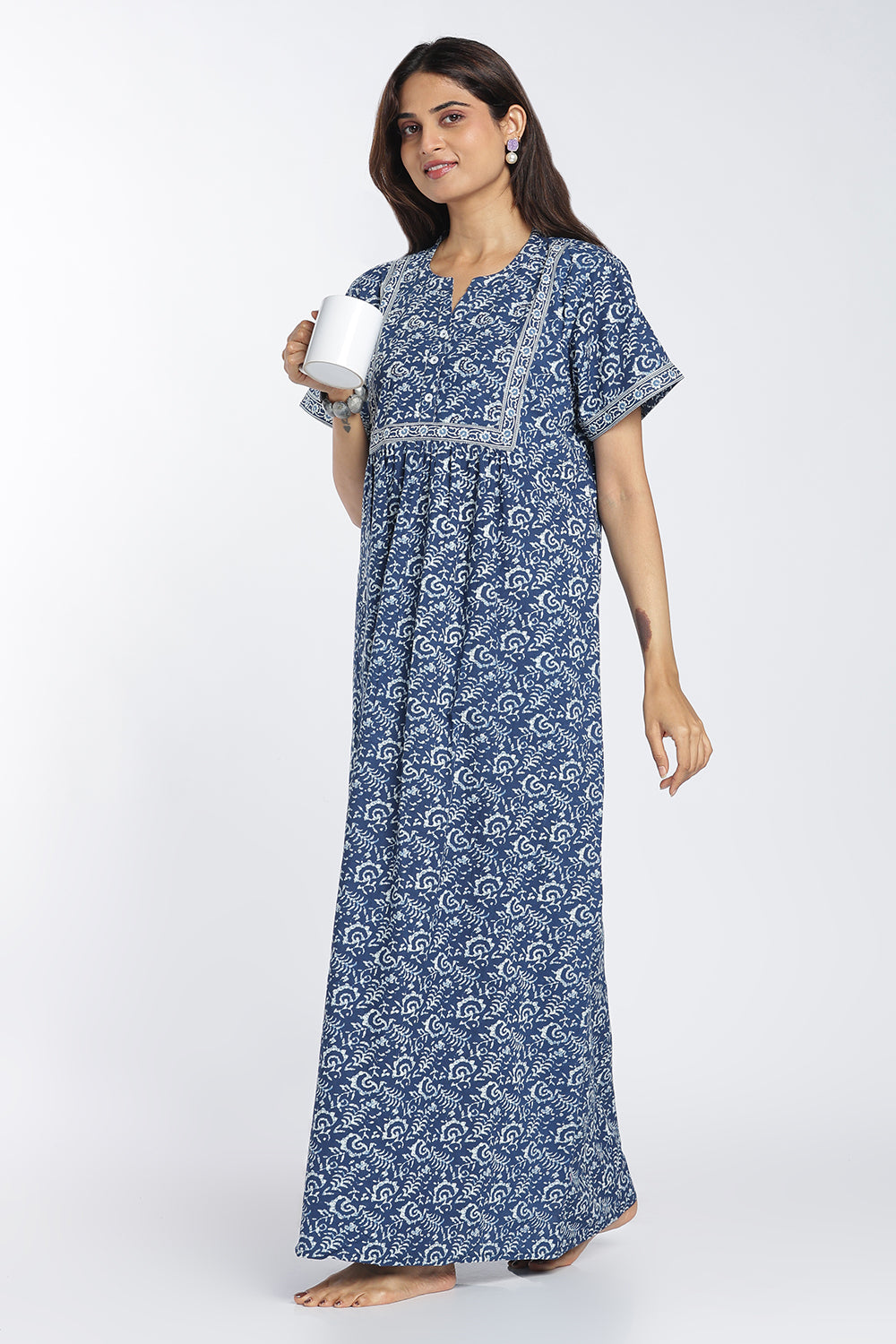 Naidu Hall Women’s Printed Cotton Nighty | Full-Length Ethnic Print V-Neck Night Dress with Contrast Yoke | Daily Wear, Sleepwear & Loungewear
 - NB55