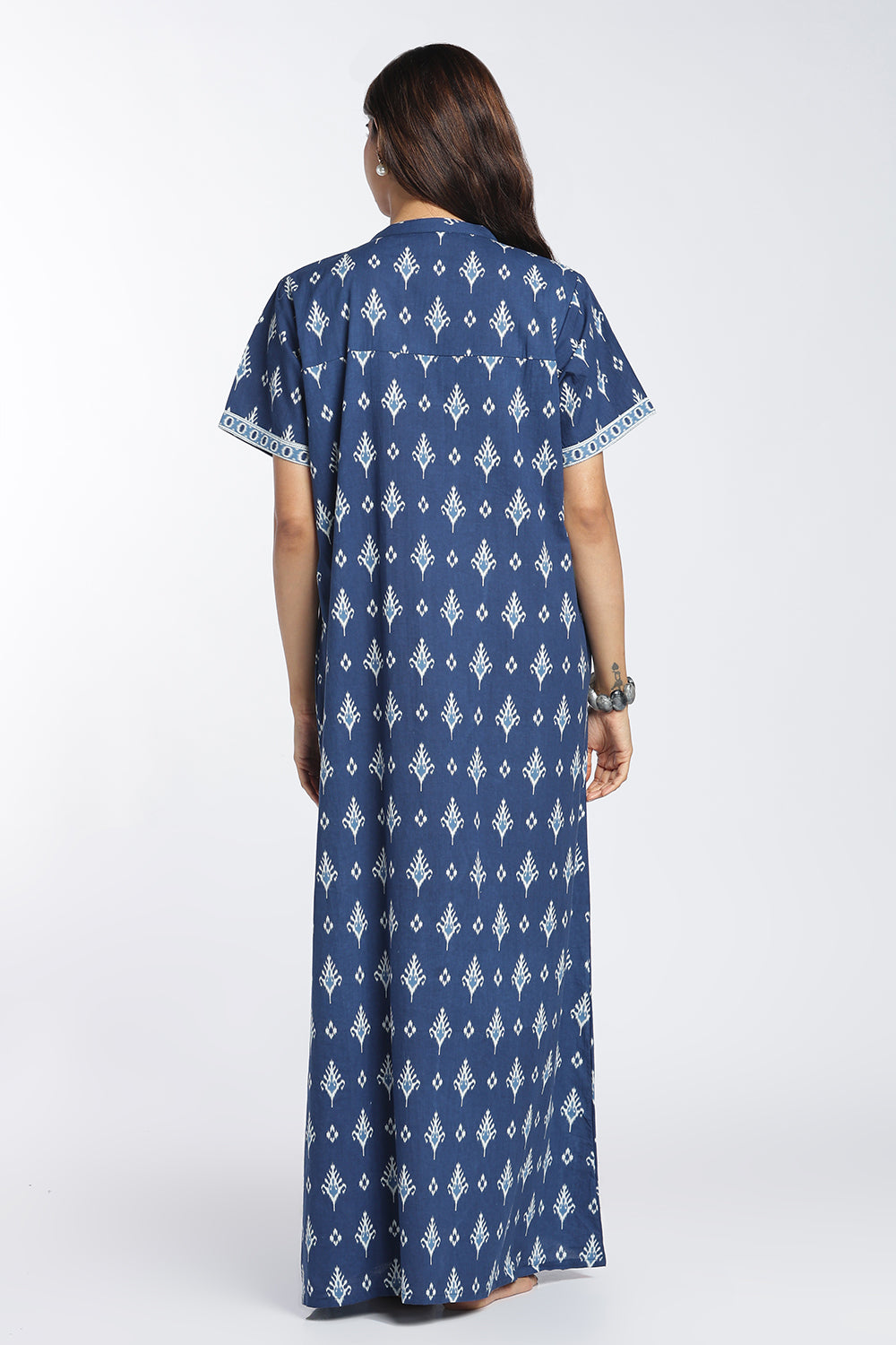 Naidu Hall Women’s Printed Cotton Nighty | Full-Length Ethnic Print V-Neck Night Dress with Contrast Yoke | Daily Wear, Sleepwear & Loungewear
 - NB53
