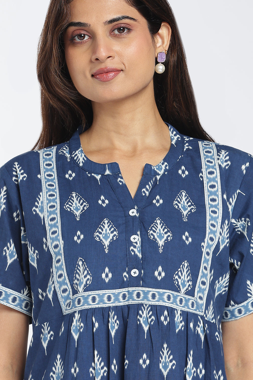 Naidu Hall Women’s Printed Cotton Nighty | Full-Length Ethnic Print V-Neck Night Dress with Contrast Yoke | Daily Wear, Sleepwear & Loungewear
 - NB53