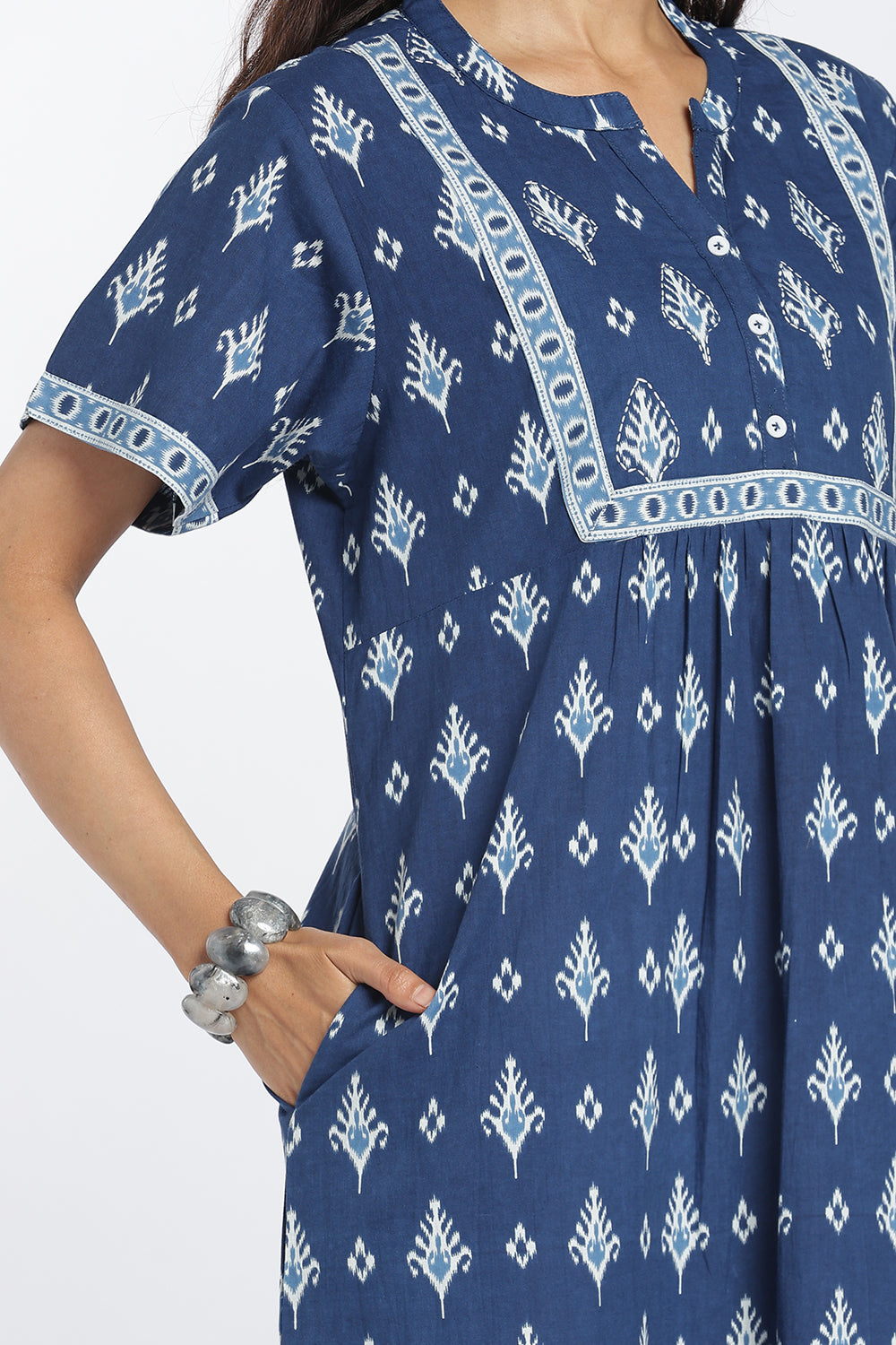 Naidu Hall Women’s Printed Cotton Nighty | Full-Length Ethnic Print V-Neck Night Dress with Contrast Yoke | Daily Wear, Sleepwear & Loungewear
 - NB53