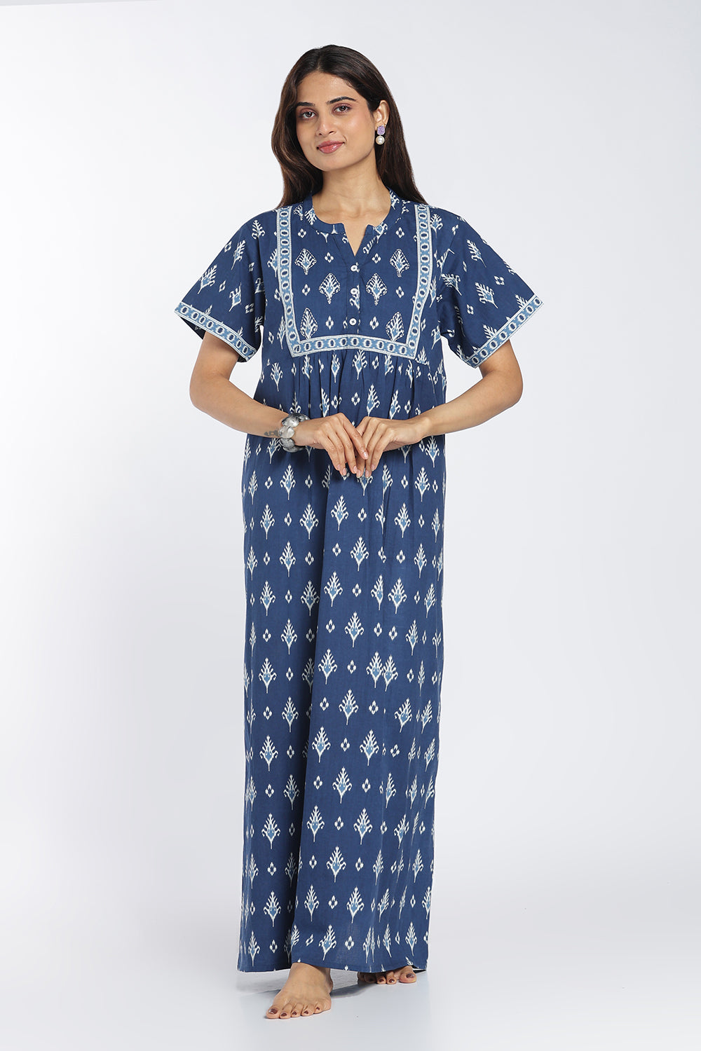 Naidu Hall Women’s Printed Cotton Nighty | Full-Length Ethnic Print V-Neck Night Dress with Contrast Yoke | Daily Wear, Sleepwear & Loungewear
 - NB53
