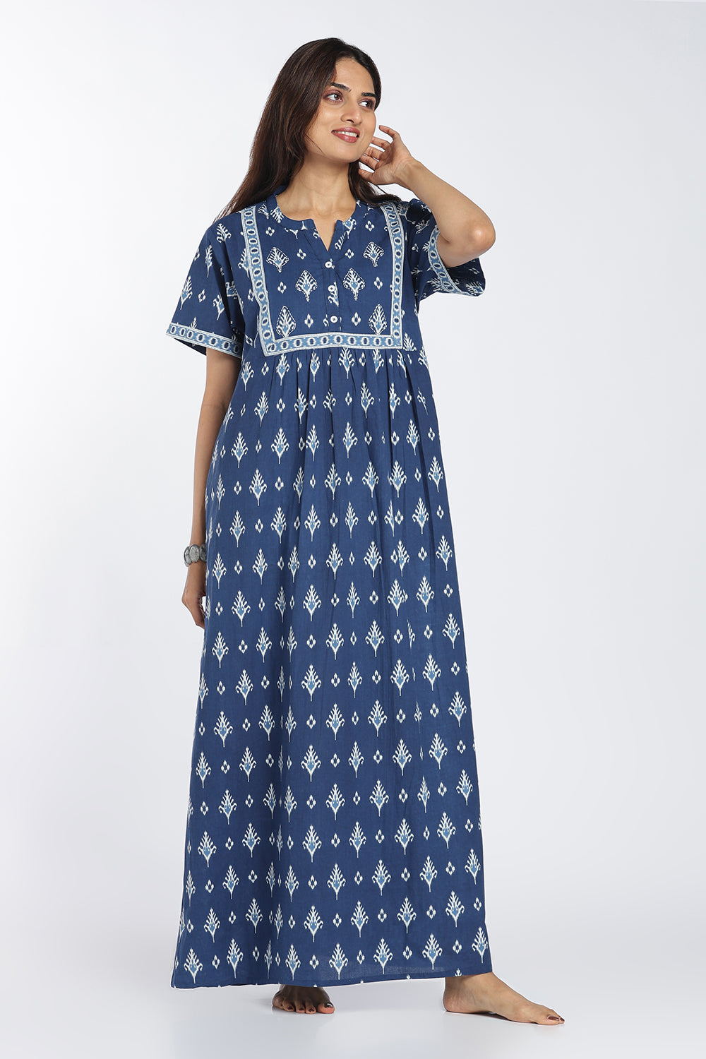 Naidu Hall Women’s Printed Cotton Nighty | Full-Length Ethnic Print V-Neck Night Dress with Contrast Yoke | Daily Wear, Sleepwear & Loungewear
 - NB53