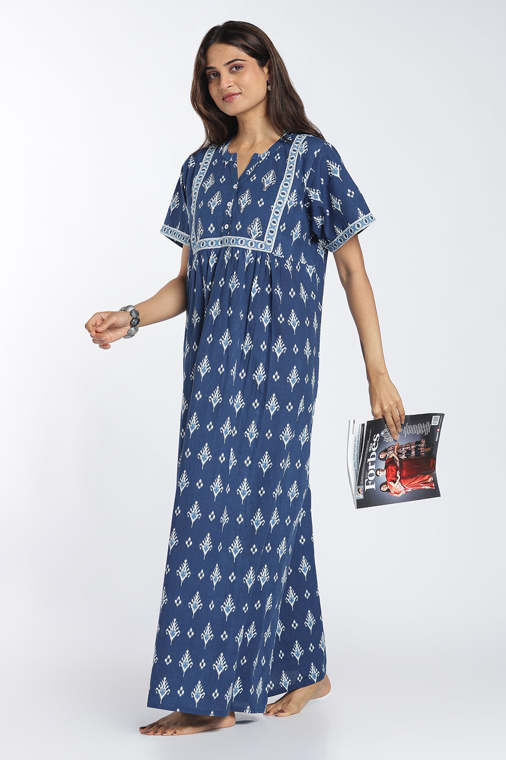 Naidu Hall Women’s Printed Cotton Nighty | Full-Length Ethnic Print V-Neck Night Dress with Contrast Yoke | Daily Wear, Sleepwear & Loungewear
 - NB53
