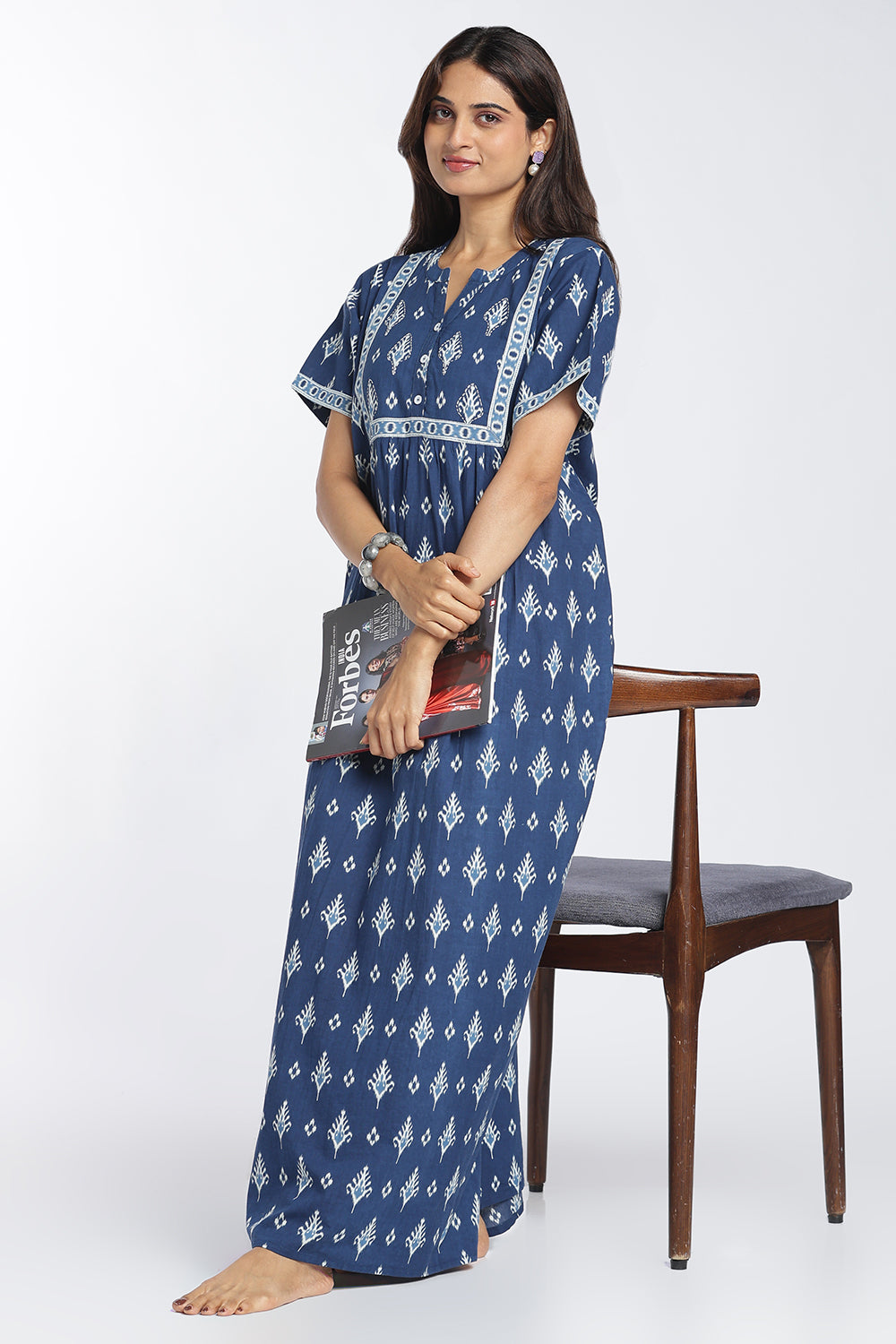 Naidu Hall Women’s Printed Cotton Nighty | Full-Length Ethnic Print V-Neck Night Dress with Contrast Yoke | Daily Wear, Sleepwear & Loungewear
 - NB53