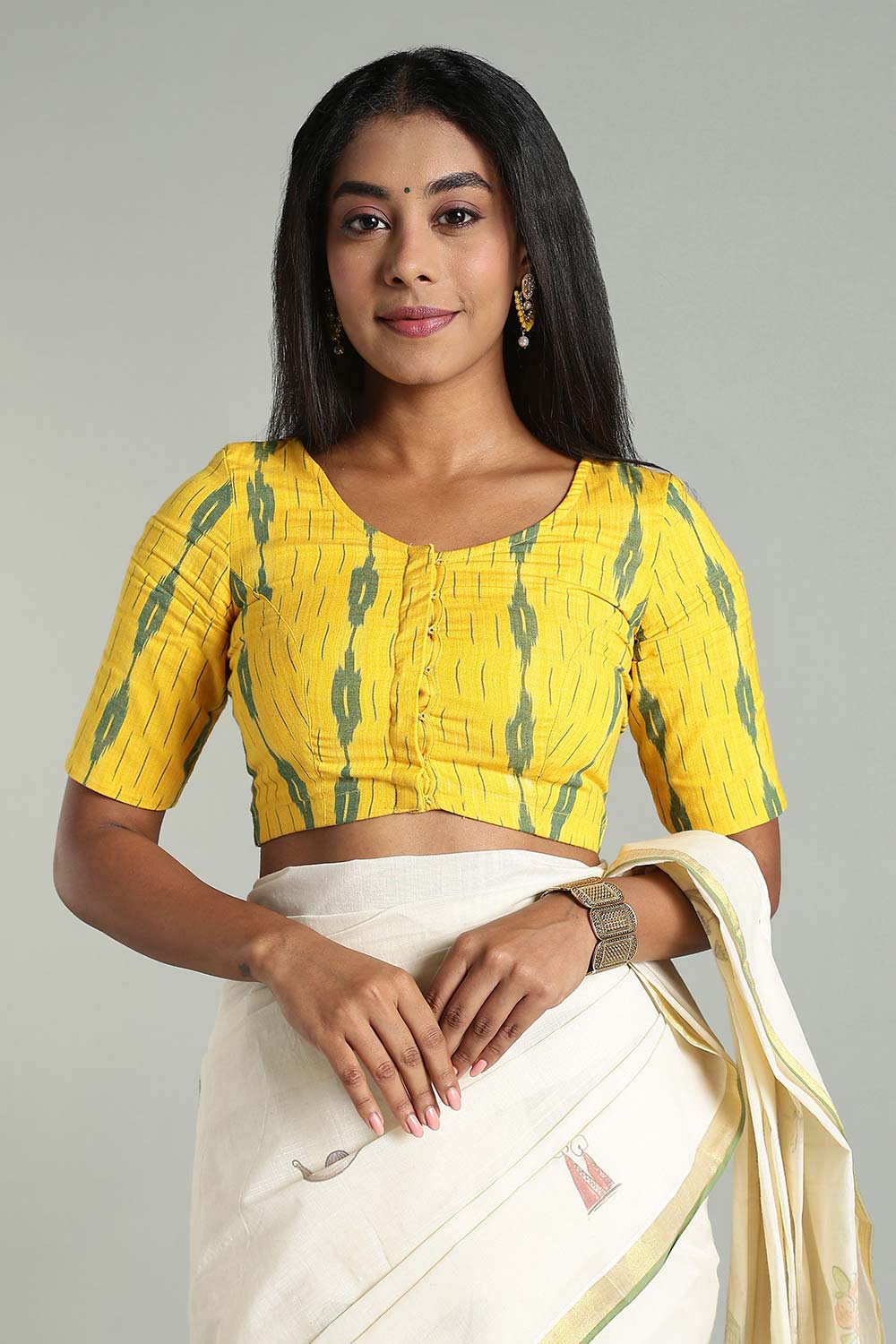 Naidu Hall Women’s Cotton Ikat Blouse – U-Neck Princess Cut Designer Saree Blouse with Elbow Sleeves - Yellow - BU17