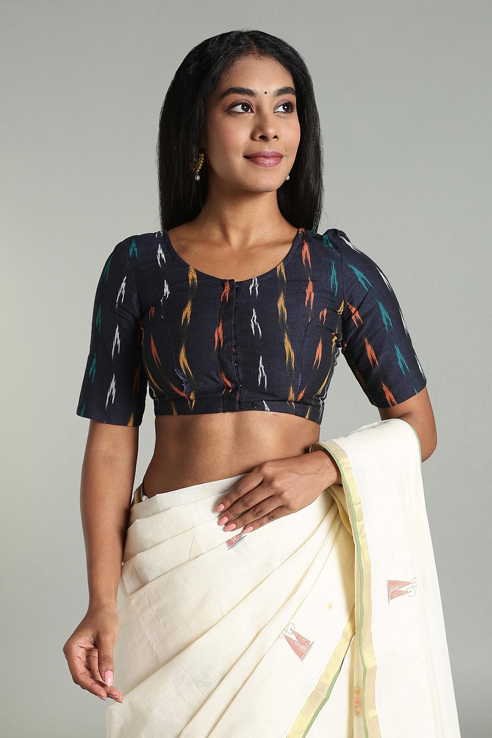 Naidu Hall Women’s Cotton Ikat Blouse – U-Neck Princess Cut Designer Saree Blouse with Elbow Sleeves - Navy Blue - BU17