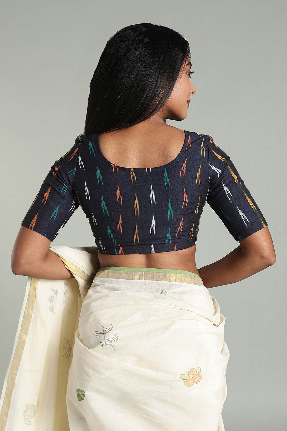 Naidu Hall Women’s Cotton Ikat Blouse – U-Neck Princess Cut Designer Saree Blouse with Elbow Sleeves - Navy Blue - BU17