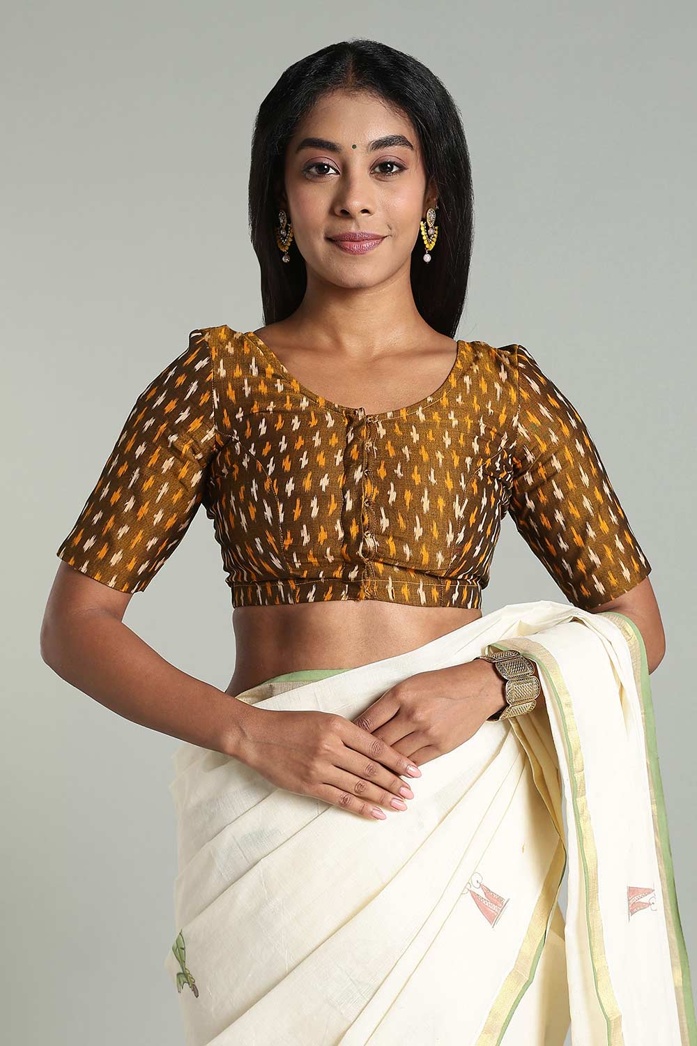 Naidu Hall Women’s Cotton Ikat Blouse – U-Neck Princess Cut Designer Saree Blouse with Elbow Sleeves - Light Mustard - BU17