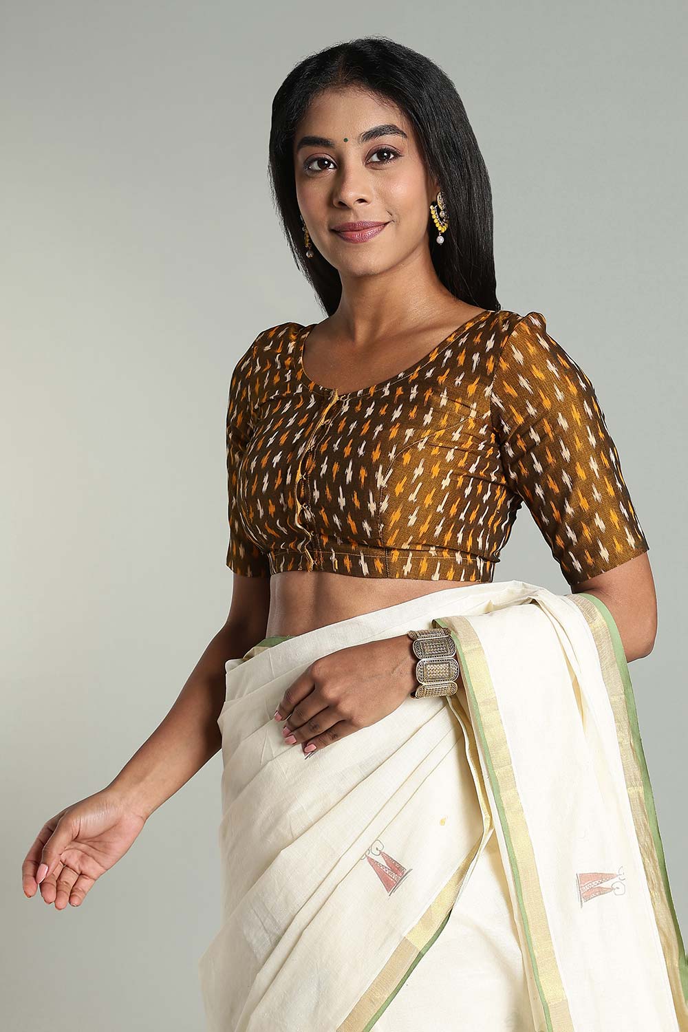 Naidu Hall Women’s Cotton Ikat Blouse – U-Neck Princess Cut Designer Saree Blouse with Elbow Sleeves - Light Mustard - BU17