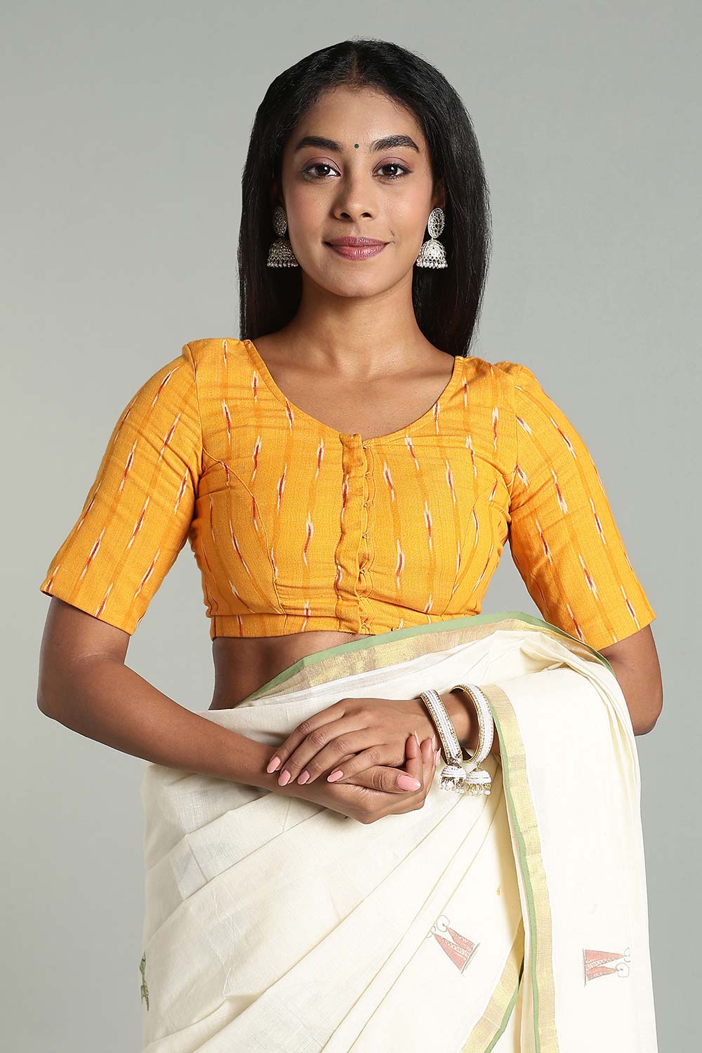 Naidu Hall Women’s Cotton Ikat Blouse – U-Neck Princess Cut Designer Saree Blouse with Elbow Sleeves - Orange Yellow - BU17