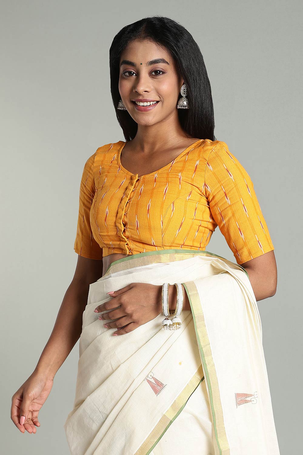 Naidu Hall Women’s Cotton Ikat Blouse – U-Neck Princess Cut Designer Saree Blouse with Elbow Sleeves - Orange Yellow - BU17